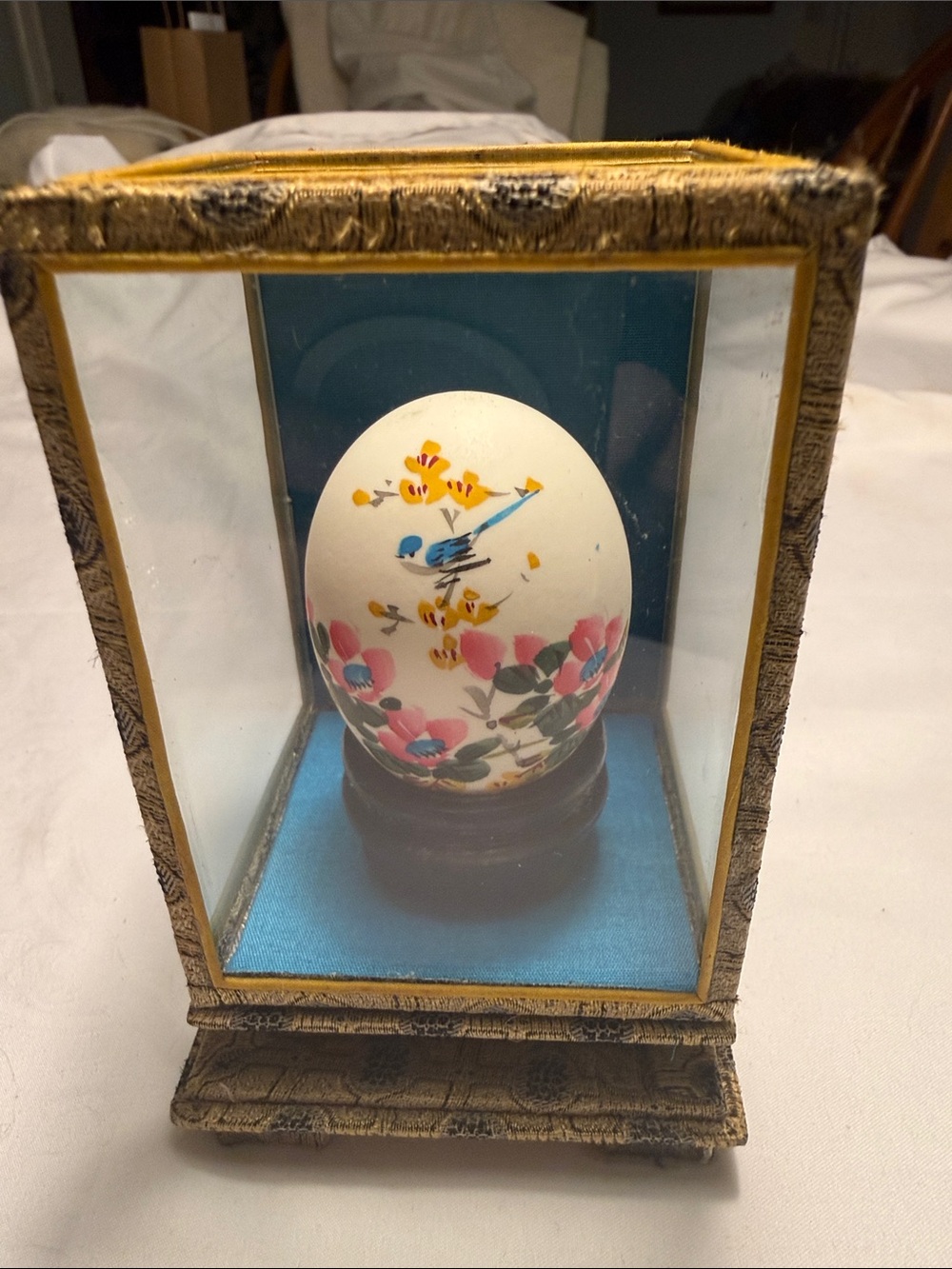 Vintage White Egg with Blue Bird and Pink Flowers Asian theme encased in glass